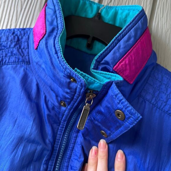 VTG Slalom Colorblock Ski Jacket USA Blue Purple Pink Nylon Zip L Unisex - Picture 5 of 10